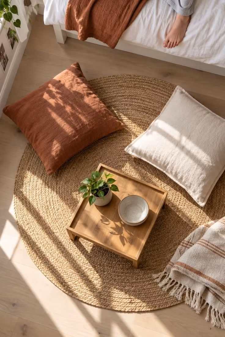 13 Cozy Small Bedroom Ideas for Teens to Love Today 7 Round woven jute rug beside a bed with two floor pillows and a low tray table forming a hangout zone.