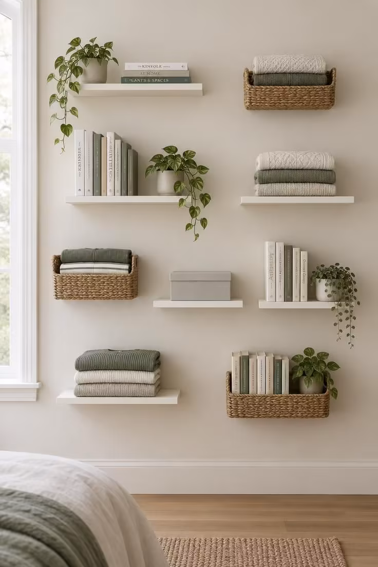 13 Cozy Small Bedroom Ideas for Teens to Love Today 8 Wall of floating shelves and woven wall baskets in a loose grid holding folded clothing, books, and plants.