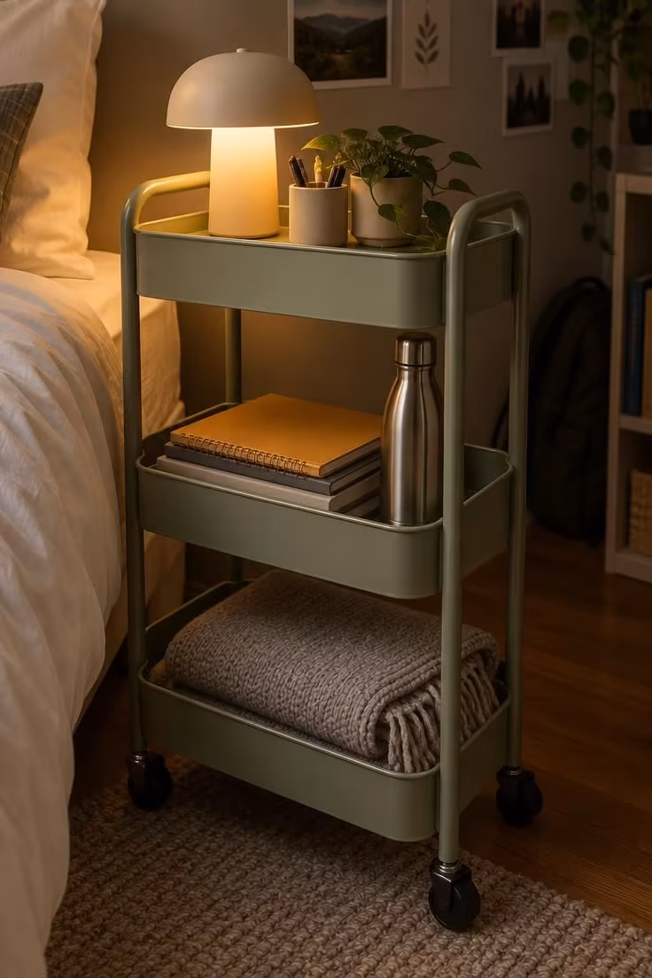 13 Cozy Small Bedroom Ideas for Teens to Love Today 9 Three-tier rolling metal cart beside a bed holding a lamp, notebooks, a water bottle, and a folded blanket.