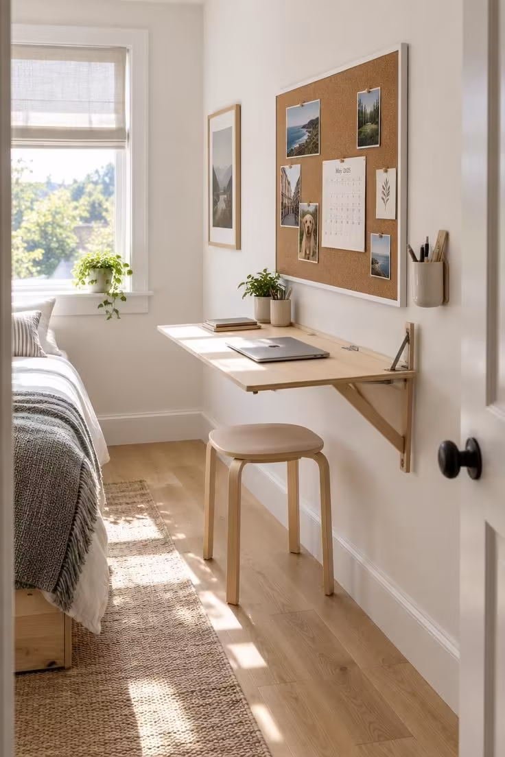 13 Cozy Small Bedroom Ideas for Teens to Love Today 11 Wall-mounted fold-down desk in the open position with a slim stool and a cork bulletin board behind it.