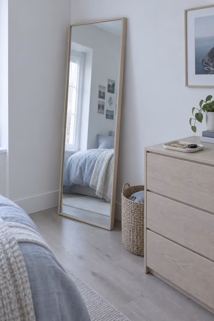 13 Cozy Small Bedroom Ideas for Teens to Love Today 12 Tall framed full-length mirror leaning in a corner beside a low dresser in a small bedroom.