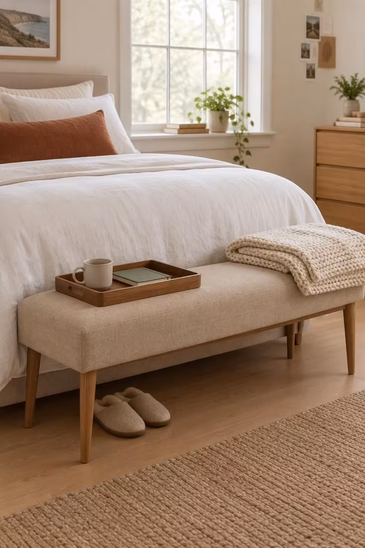 13 Cozy Small Bedroom Ideas for Teens to Love Today 13 Slim upholstered bench at the foot of a bed with a wooden tray and folded blanket in a small bedroom.