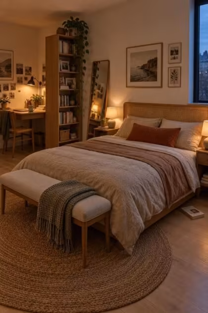 13 Cozy Small Bedroom Ideas for Teens to Love Today Cozy small teen bedroom at dusk with a low platform bed, jute rug, corner desk, and warm lamplight throughout.