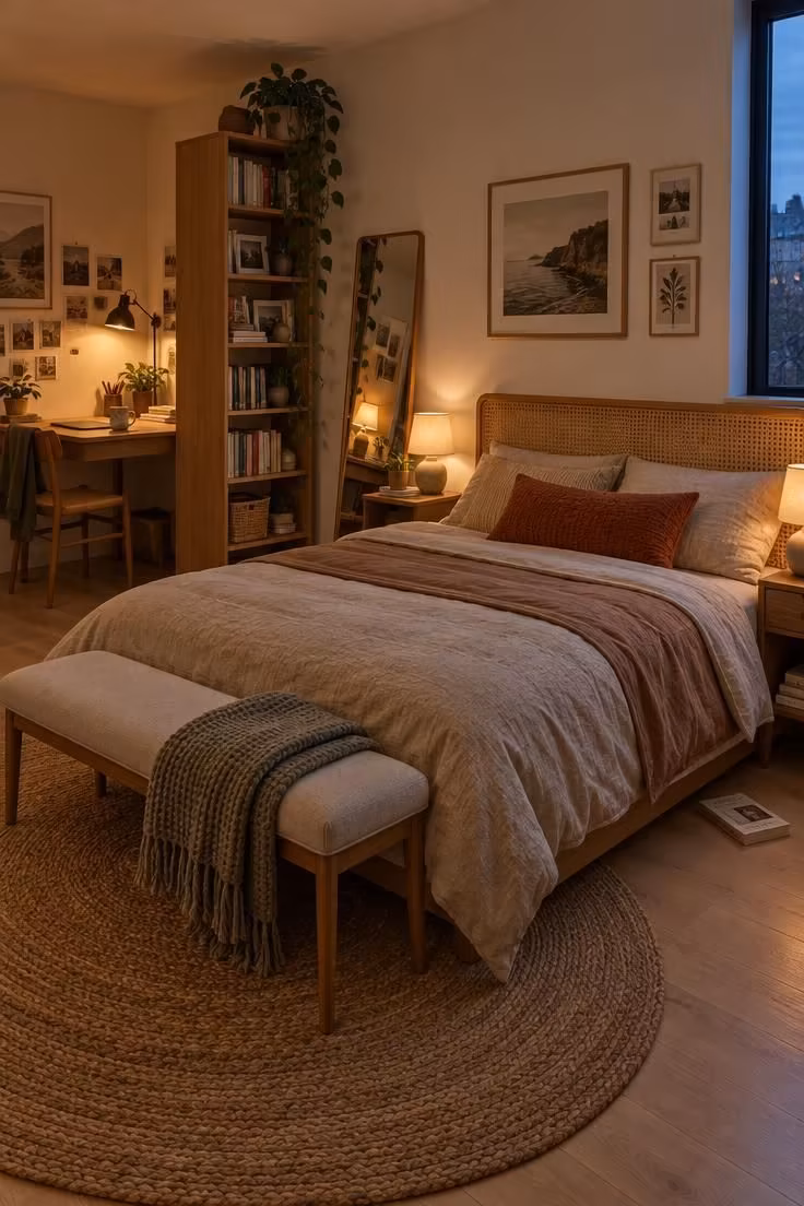 Simple Spaces 16 Cozy small teen bedroom at dusk with a low platform bed, jute rug, corner desk, and warm lamplight throughout.