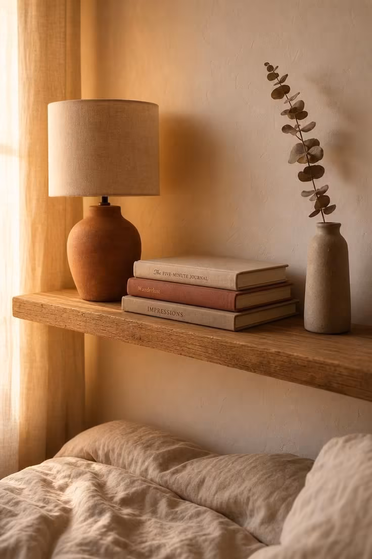 A floating oak shelf with a terracotta lamp, stacked linen journals, and a dried eucalyptus stem in a small bedroom with warm golden light