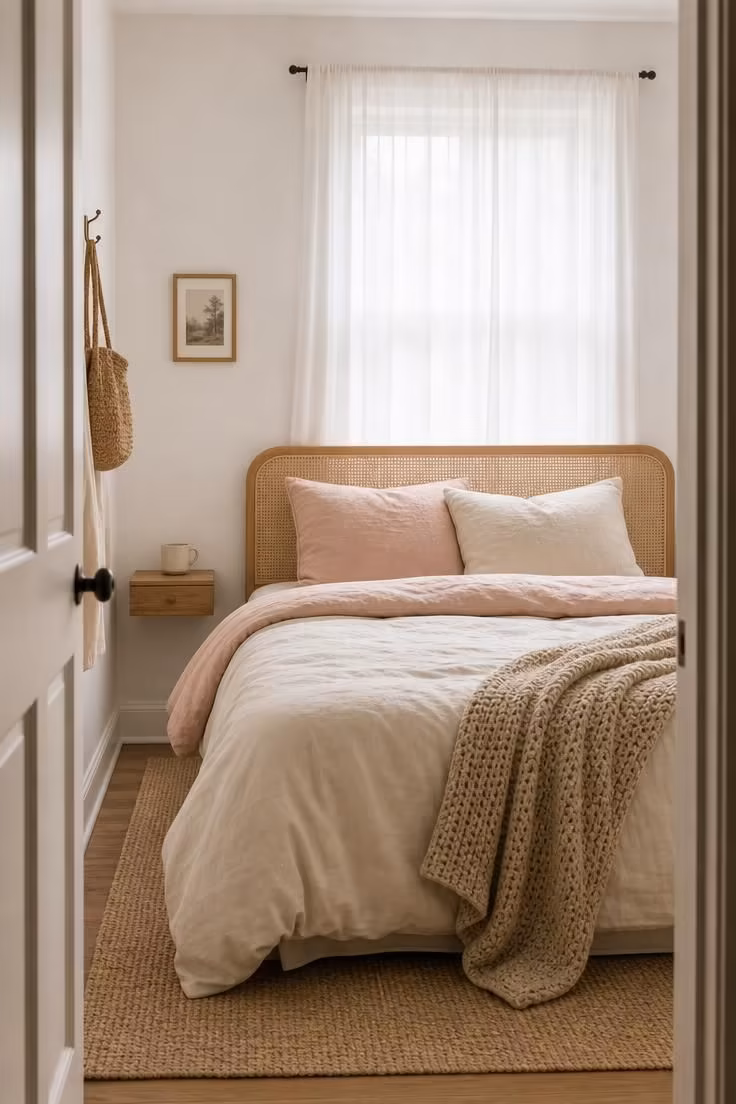 A small bedroom with a bed layered in a stone-washed cotton duvet, pale blush quilt, and chunky knit throw in soft diffused light