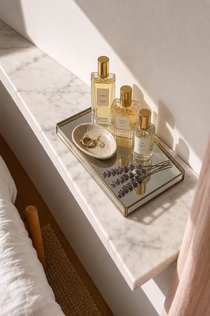 An overhead view of a mirrored tray with brass perfume bottles and a ring dish on a narrow marble ledge in bright midday light