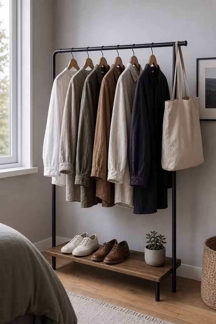 A slim matte black clothing rack with linen garments and a canvas tote in a small bedroom corner with cool overcast light
