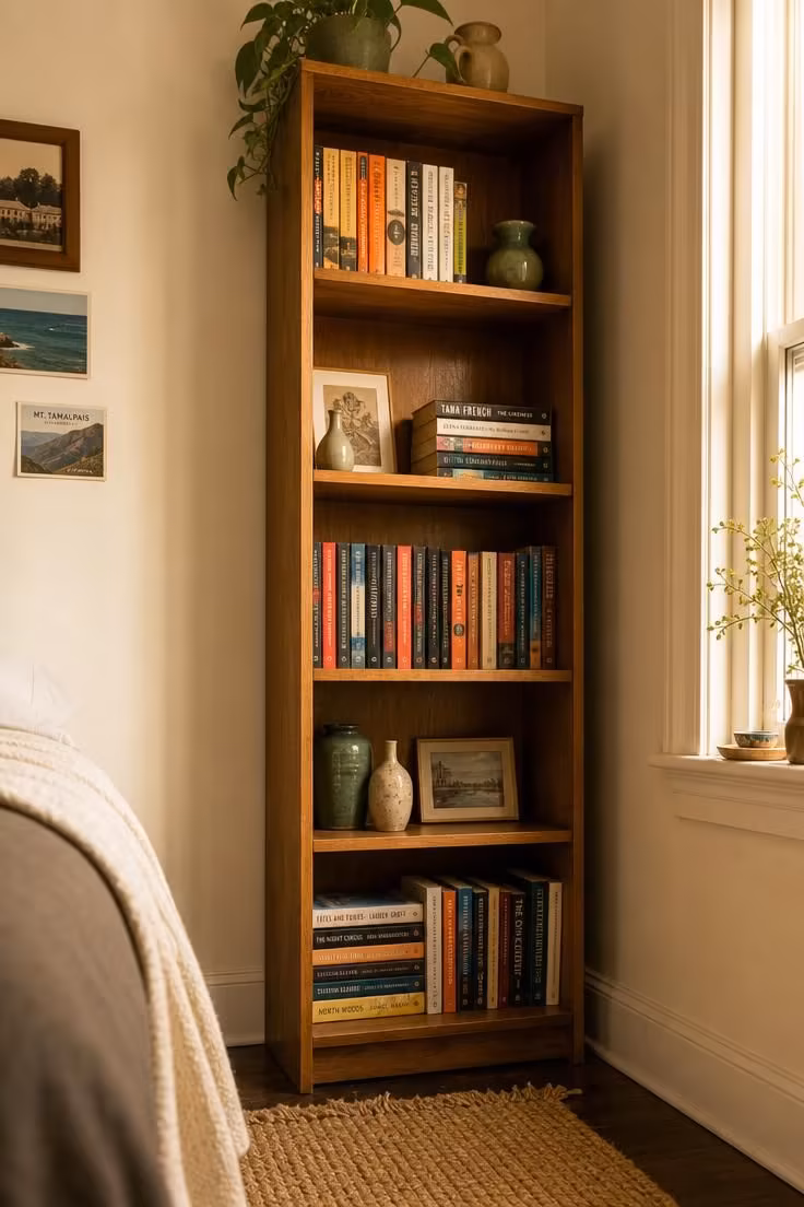 A tall narrow bookcase with ceramic vases, paperbacks, and framed postcards in warm golden light in a small bedroom corner