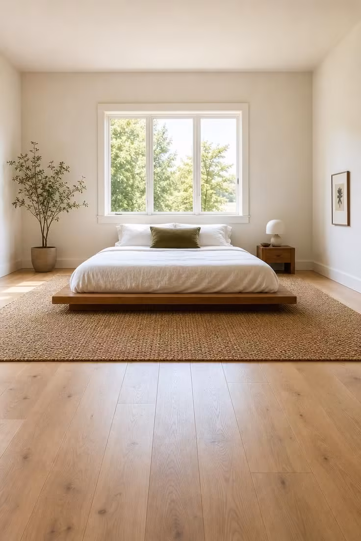 A low-profile wooden bed frame on a woven jute rug with visible floor borders in a bright, airy small bedroom