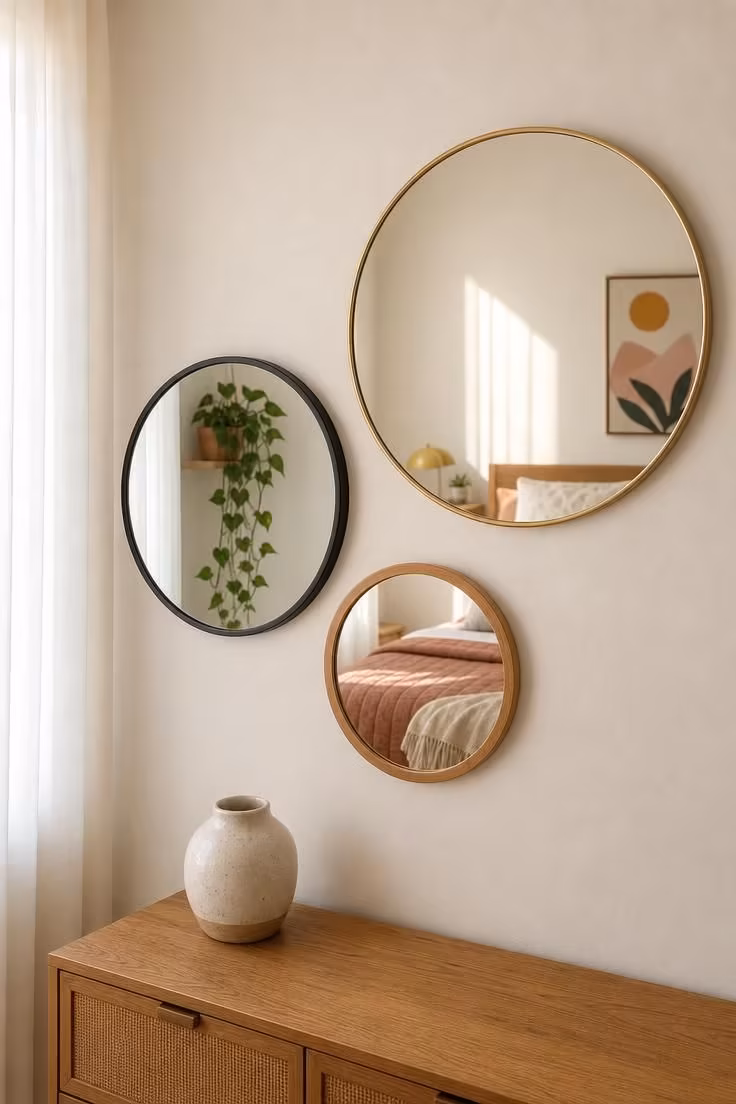 Three round mirrors in brass, black, and wood frames arranged on a white wall in a small bedroom with soft diffused light
