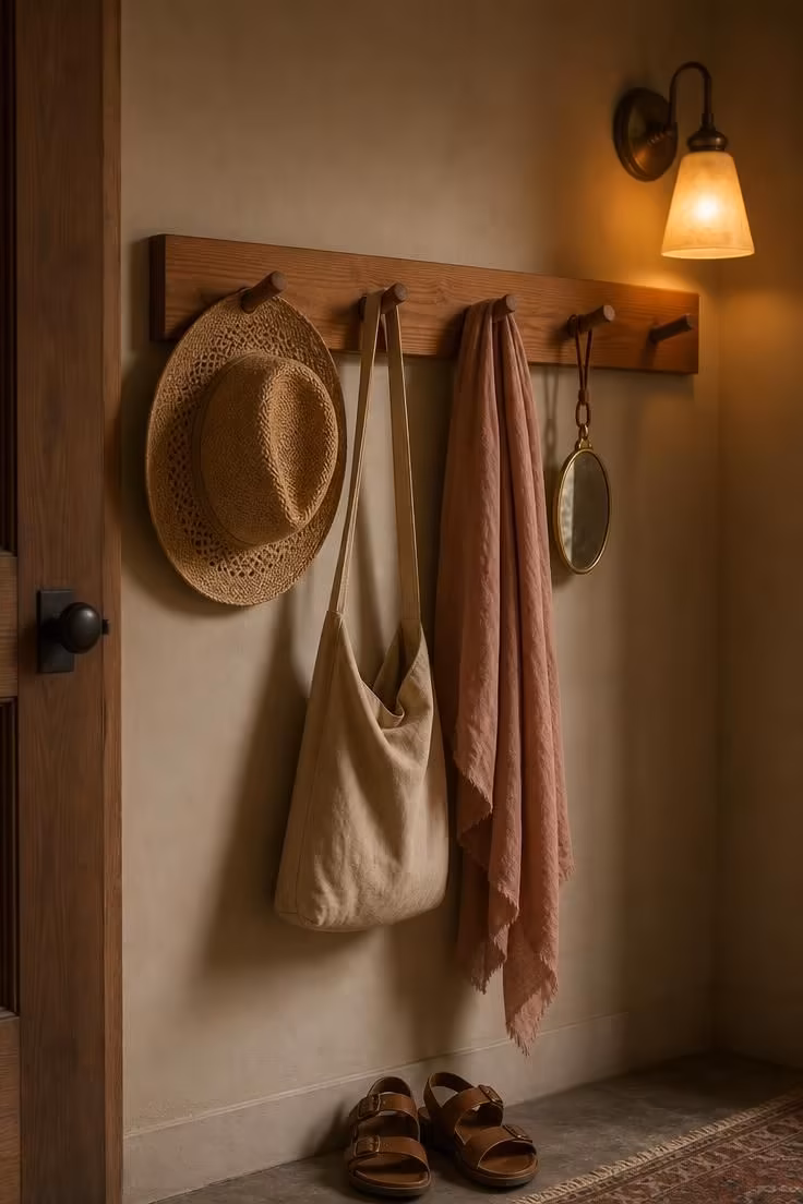 A cedar peg rail near a bedroom door with a straw hat, canvas bag, linen scarf, and brass mirror in moody low light