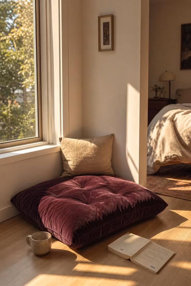 A deep plum velvet floor cushion in a sunny window corner with a mug and open book in warm golden light