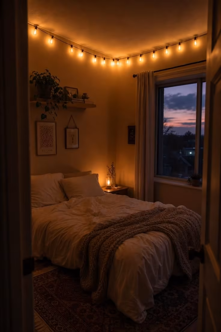 Warm Edison bulbs draped along the ceiling edge of a small bedroom at dusk casting amber pools of light