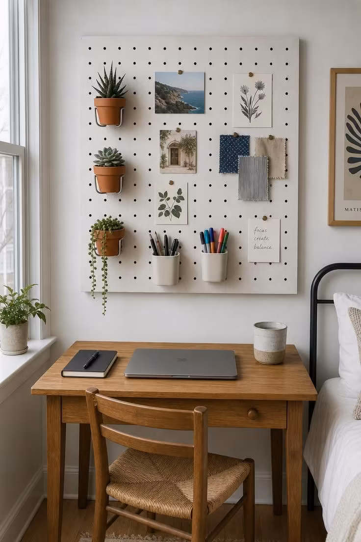 A whitewashed pegboard above a small desk with hanging succulents, pencil cups, and pinned postcards in cool overcast light