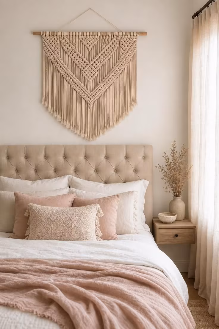 A cotton macramé wall hanging above a tufted linen headboard with layered pillows in soft diffused light