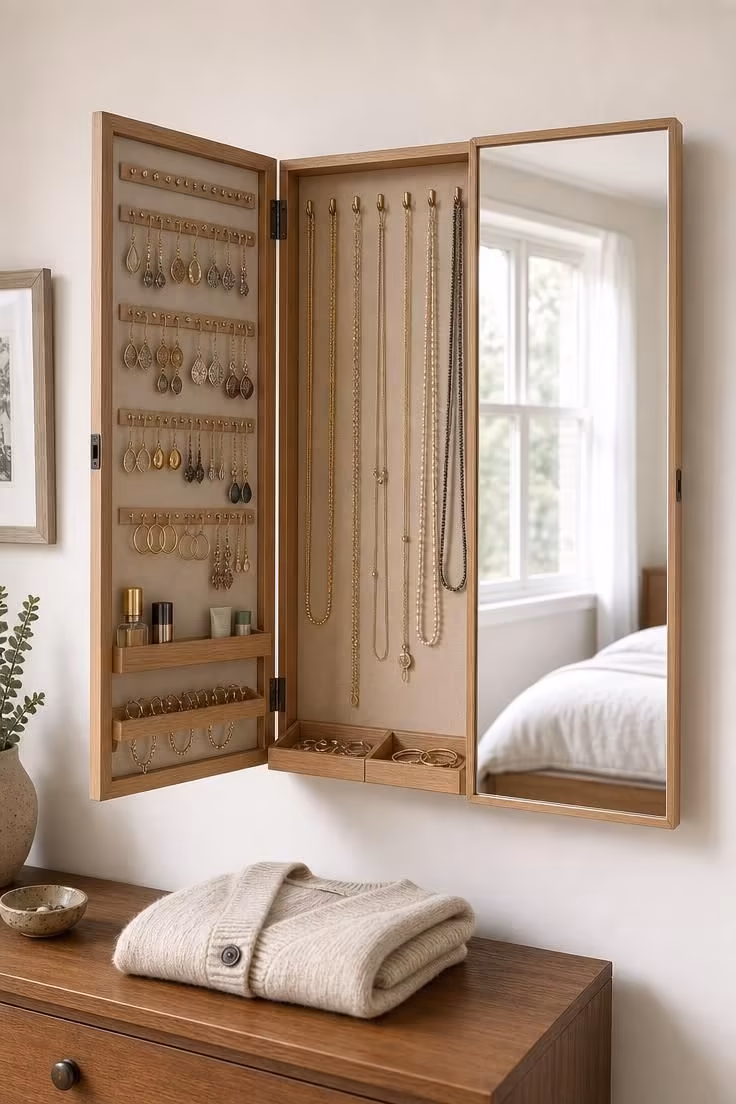 A fold-out wall mirror revealing jewelry storage with hooks and trays in bright midday light