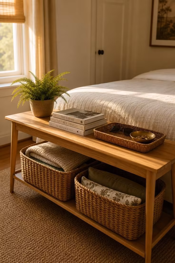 A slim console table with wicker baskets and styled surface at the foot of a bed in warm golden afternoon light