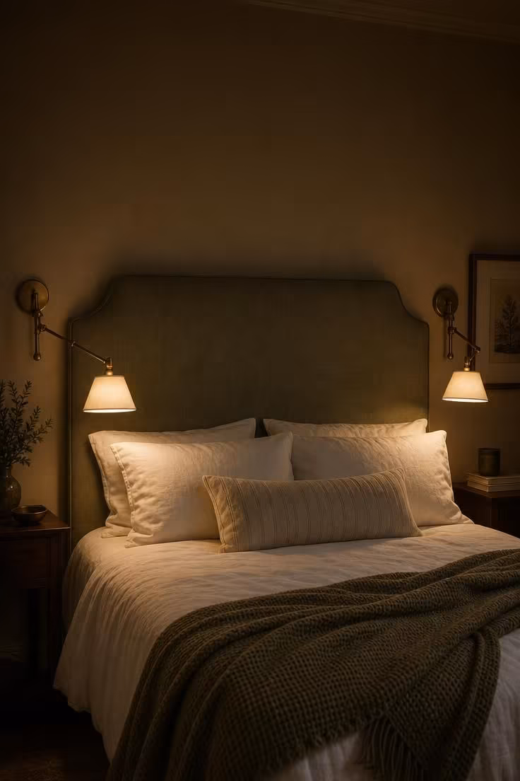 Brass swing-arm sconces flanking a sage linen headboard in moody low light with focused reading pools