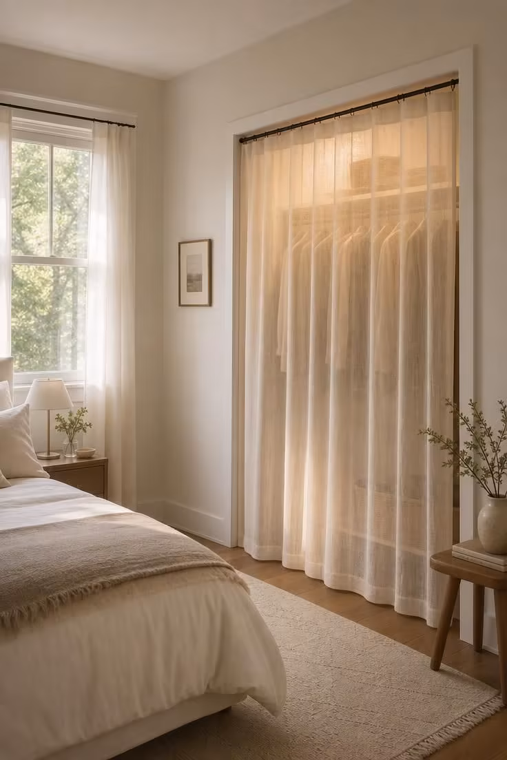 A sheer linen curtain panel replacing a closet door in a small bedroom with soft diffused light and garment silhouettes