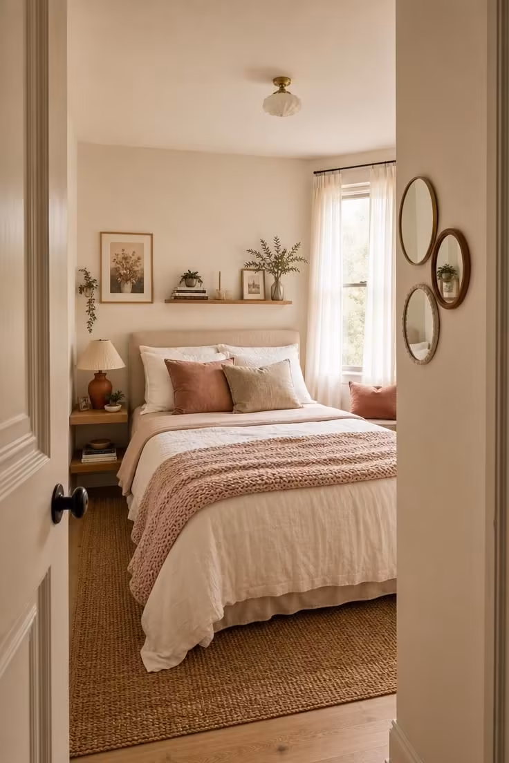 Simple Spaces 14 A small styled bedroom for women with layered bedding, a floating shelf nightstand, round mirror cluster, and a velvet floor cushion in soft diffused light
