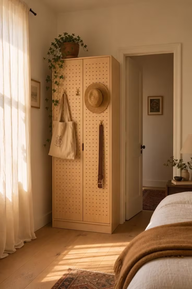 11 Warm Small Bedroom Ideas With Wardrobe You Can Copy 1 Slim birch plywood wardrobe with pegboard doors and brass hooks in a small sunlit bedroom