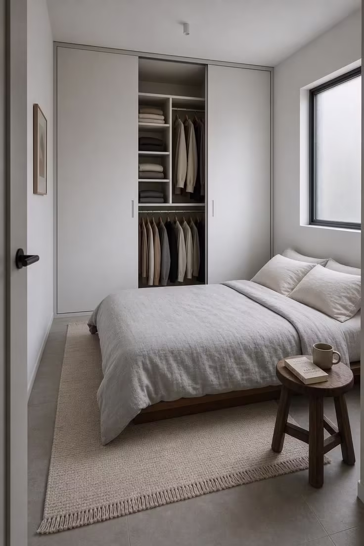 11 Warm Small Bedroom Ideas With Wardrobe You Can Copy 2 Floor to ceiling wardrobe hidden behind matte white sliding panels on the headboard wall of a small bedroom