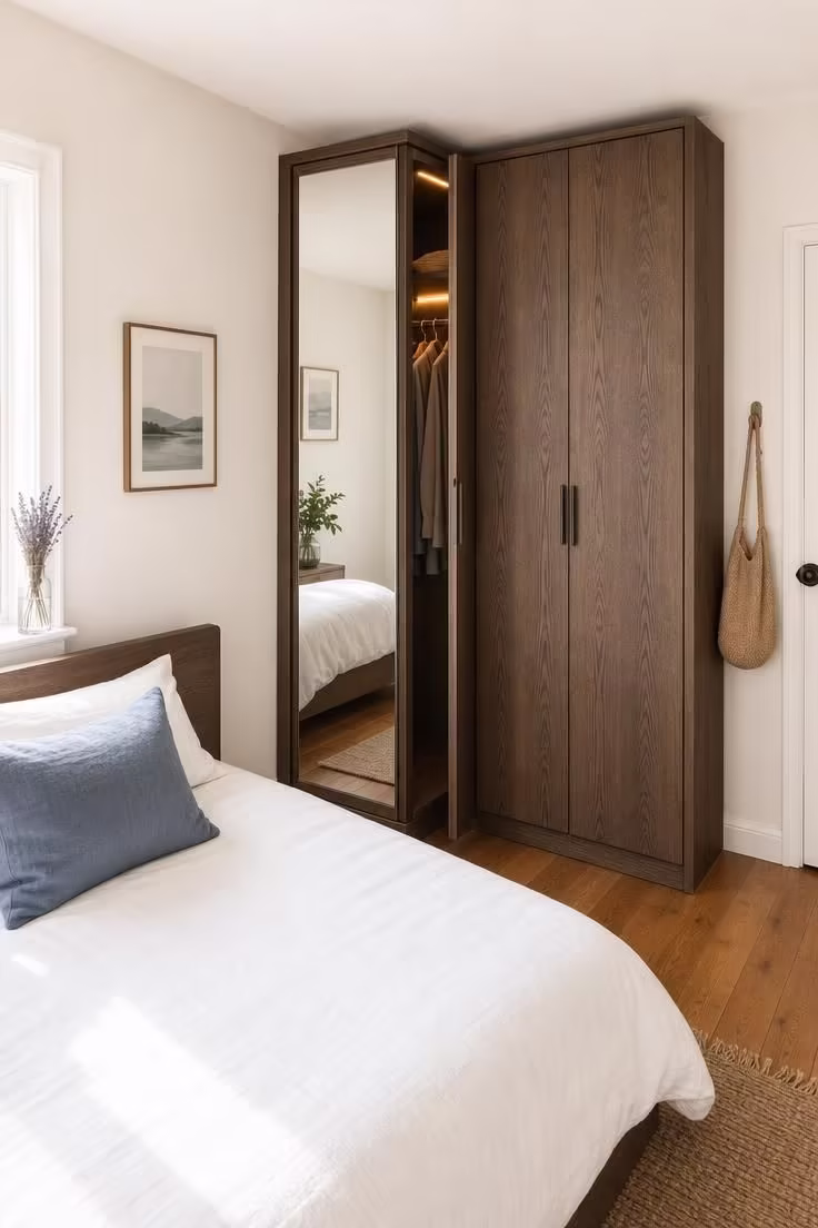 11 Warm Small Bedroom Ideas With Wardrobe You Can Copy 3 Smoked oak corner wardrobe with angled mirror panel reflecting bright midday light in a small bedroom
