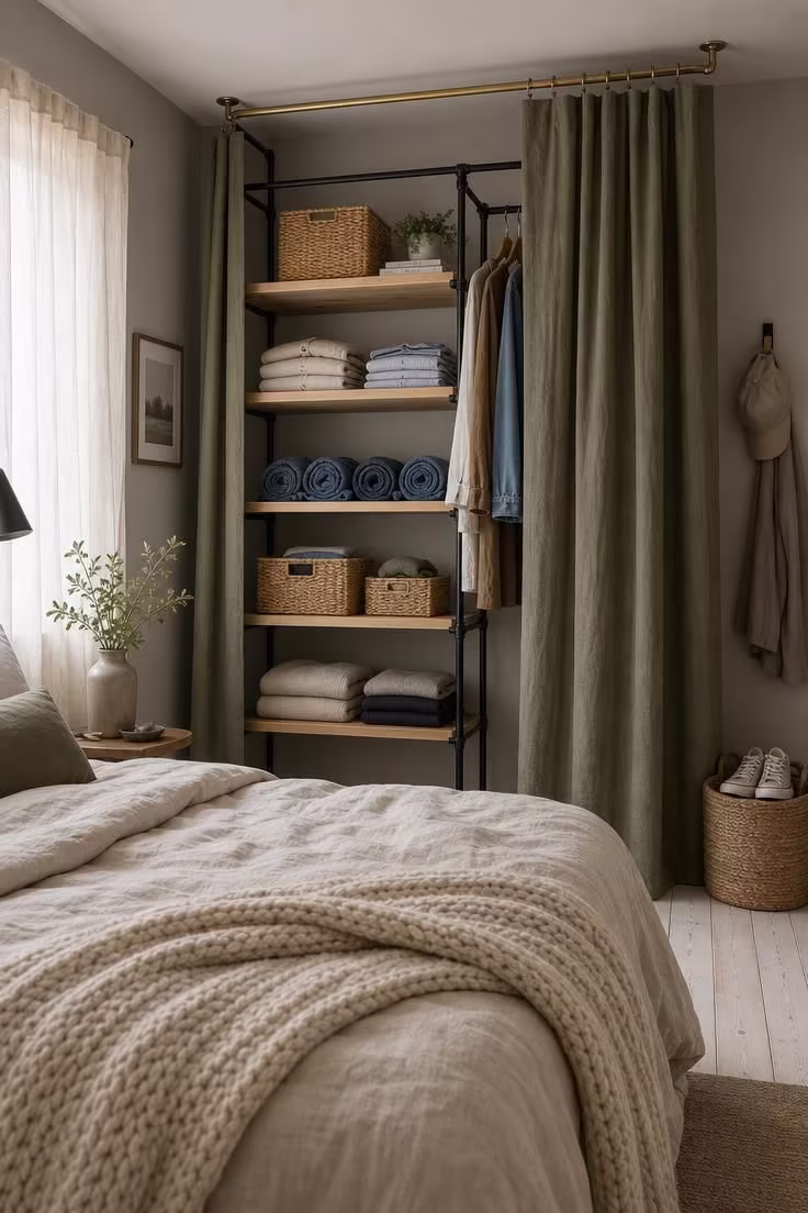 11 Warm Small Bedroom Ideas With Wardrobe You Can Copy 4 Open shelving wardrobe concealed by olive linen curtain panels on a brass ceiling track in a small bedroom