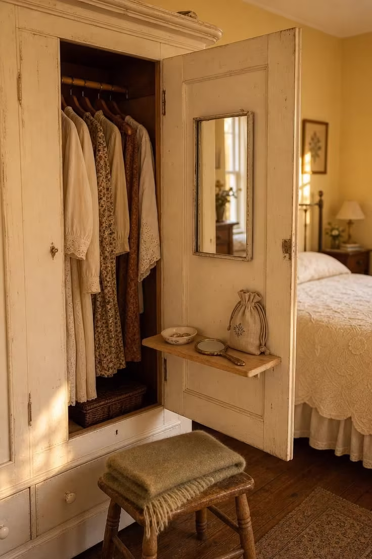 11 Warm Small Bedroom Ideas With Wardrobe You Can Copy 5 Chalk-painted pine armoire with interior vanity mirror and shelf open in a warm golden-hour bedroom