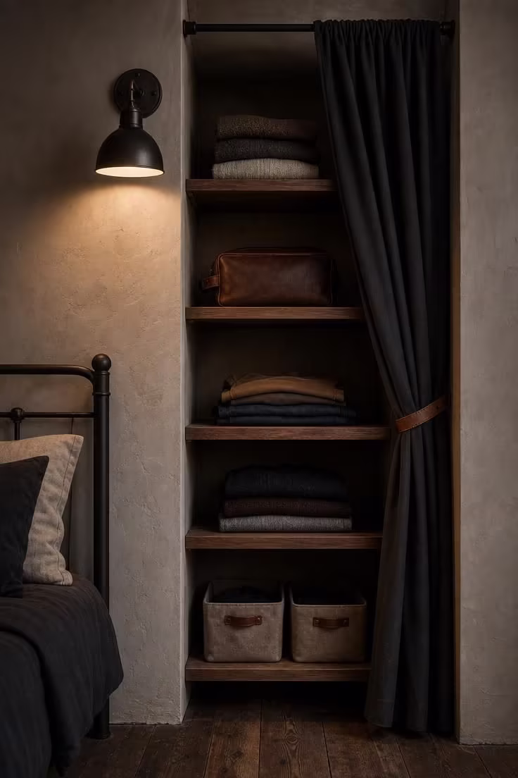 11 Warm Small Bedroom Ideas With Wardrobe You Can Copy 6 Recessed alcove with walnut-stained plywood shelves and charcoal canvas curtain in a moody small bedroom