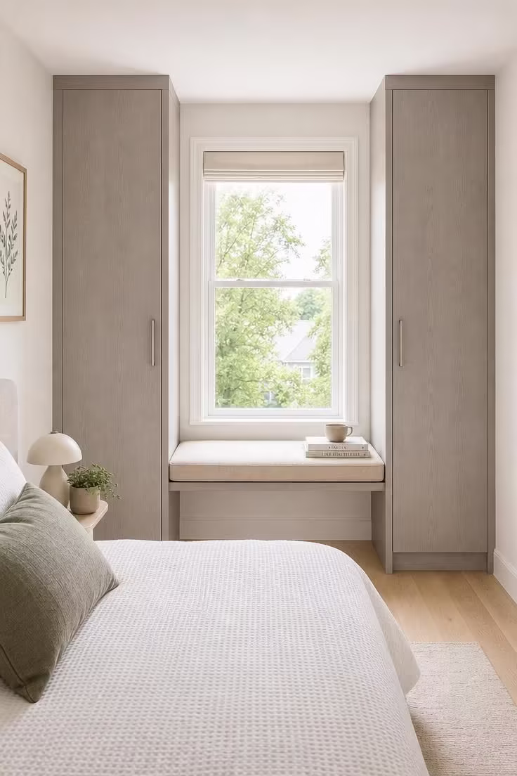 11 Warm Small Bedroom Ideas With Wardrobe You Can Copy 7 Two warm gray laminate wardrobes flanking a narrow window with a cushioned linen sill seat in a bright small bedroom