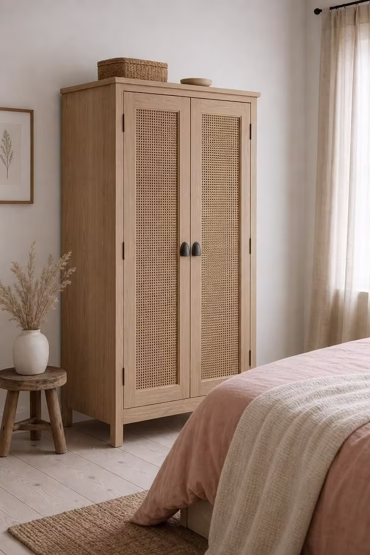 11 Warm Small Bedroom Ideas With Wardrobe You Can Copy 8 Rattan cane panel wardrobe with blackened iron handles against a whitewashed wall in a softly lit small bedroom