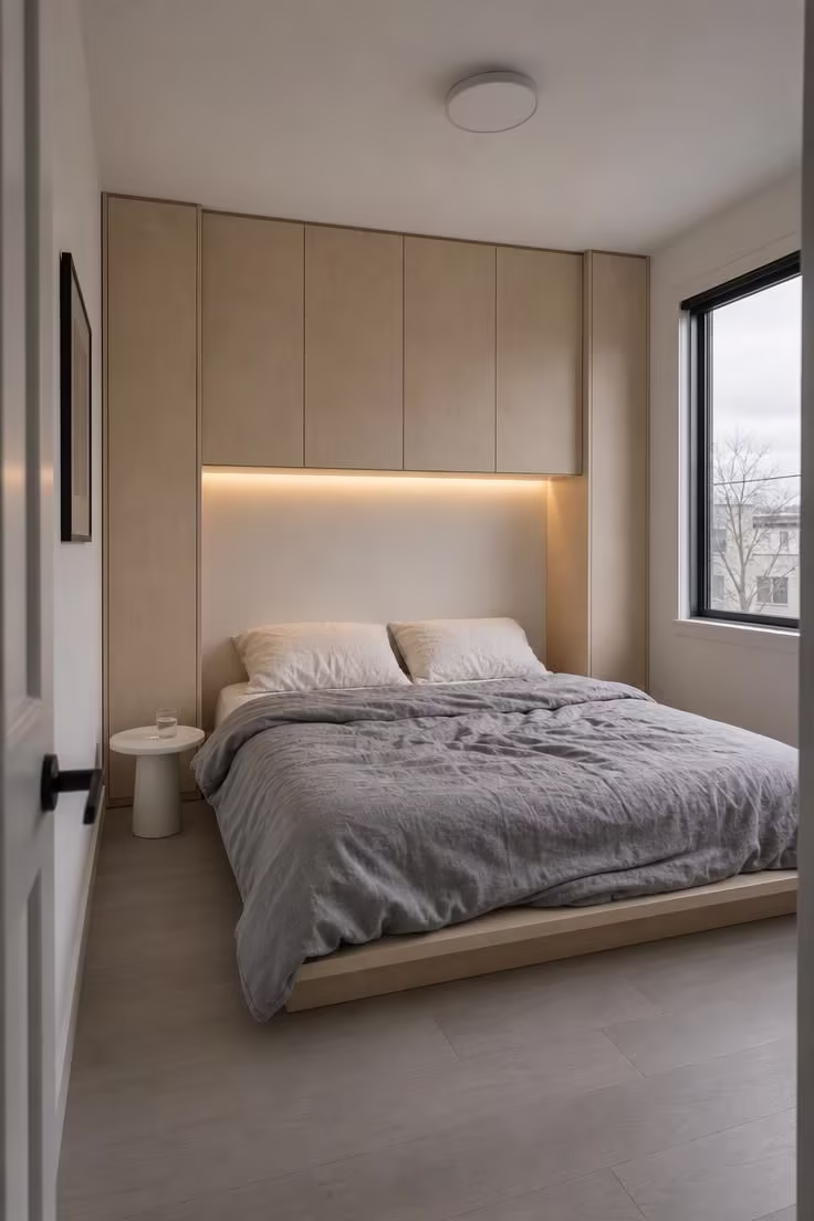 11 Warm Small Bedroom Ideas With Wardrobe You Can Copy 9 Full-width wardrobe bridge in light birch veneer spanning the headboard wall above a low platform bed in a small bedroom