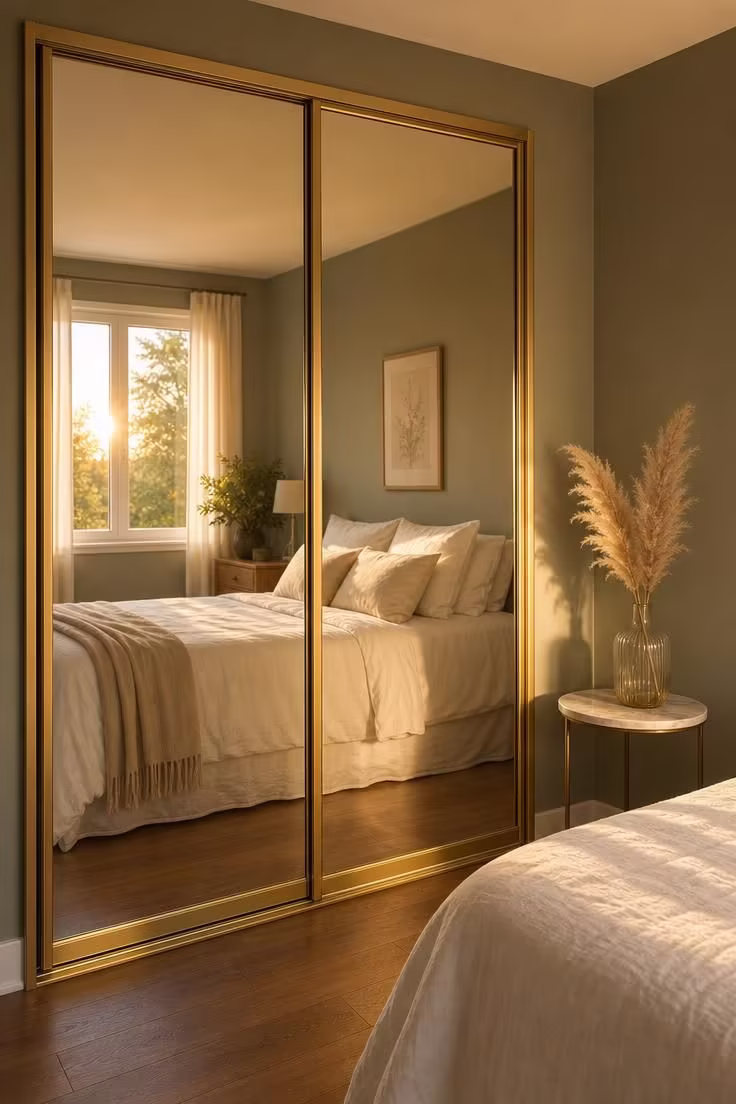 11 Warm Small Bedroom Ideas With Wardrobe You Can Copy 10 Mirrored sliding door wardrobe in brushed gold frame reflecting warm afternoon light against a sage green wall