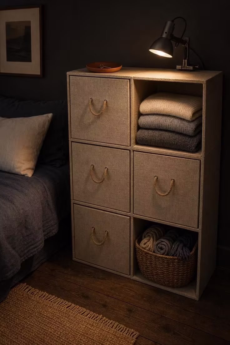 11 Warm Small Bedroom Ideas With Wardrobe You Can Copy 11 Modular linen-wrapped storage cubes stacked as a freestanding wardrobe tower in a moody small bedroom