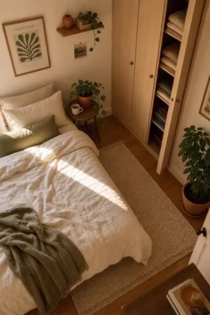 Overhead view of a warm small bedroom with a slim pale wood wardrobe, cream linen bedding, and honey hardwood floors in soft morning light