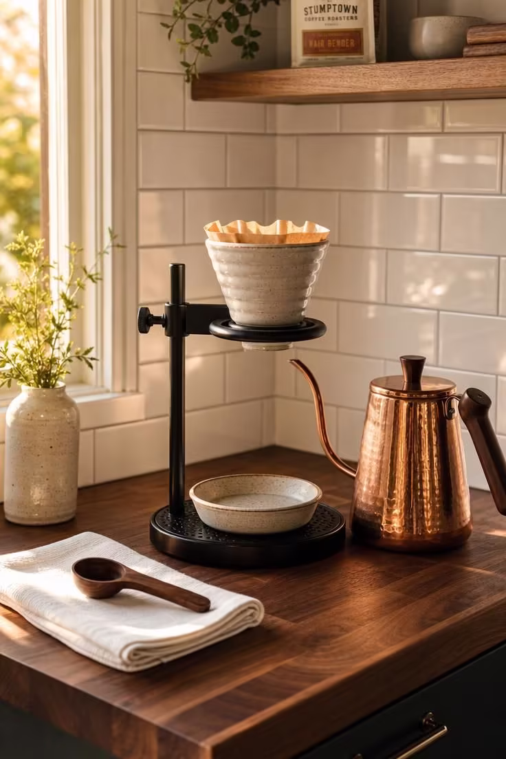 13 Charming Small Coffee Bar Ideas You Can Copy Today 1 Walnut butcher block countertop coffee bar with matte black pour-over stand and copper kettle in warm golden light