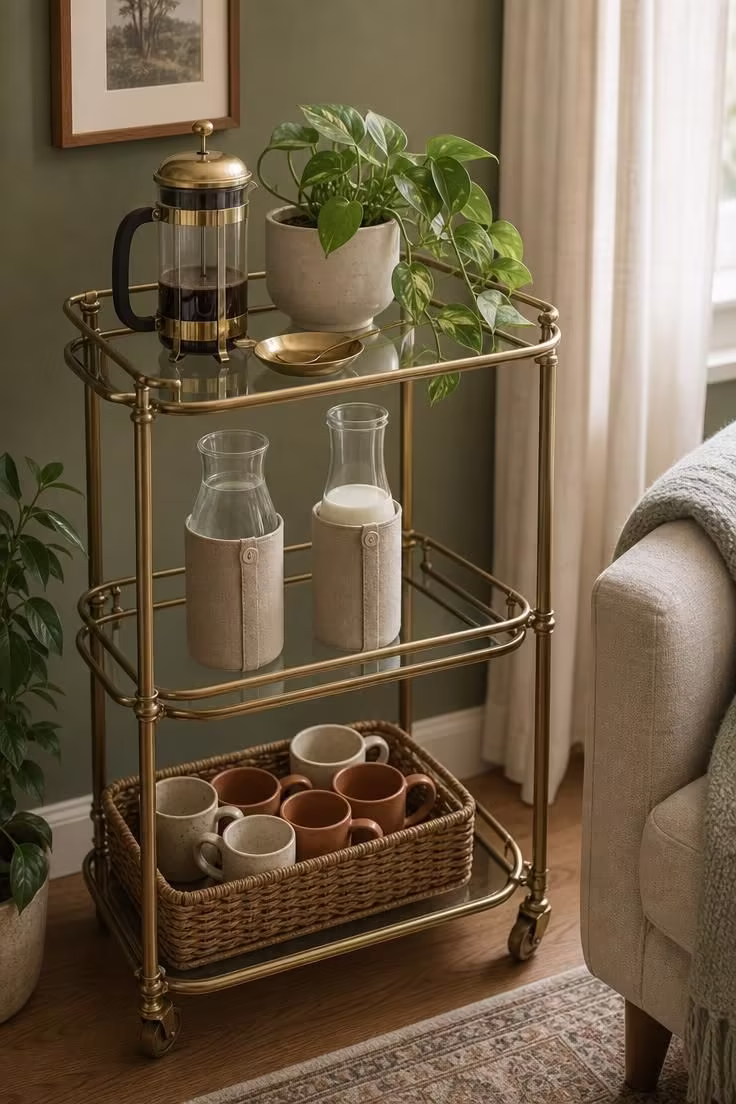 13 Charming Small Coffee Bar Ideas You Can Copy Today 2 Brass three-tier bar cart coffee station with linen-wrapped carafes against a sage green wall in soft diffused light
