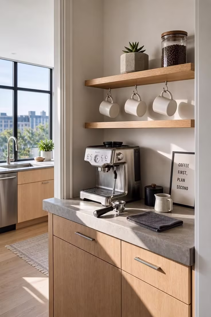 13 Charming Small Coffee Bar Ideas You Can Copy Today 3 Floating oak shelves above a concrete countertop coffee station with espresso machine in bright midday light