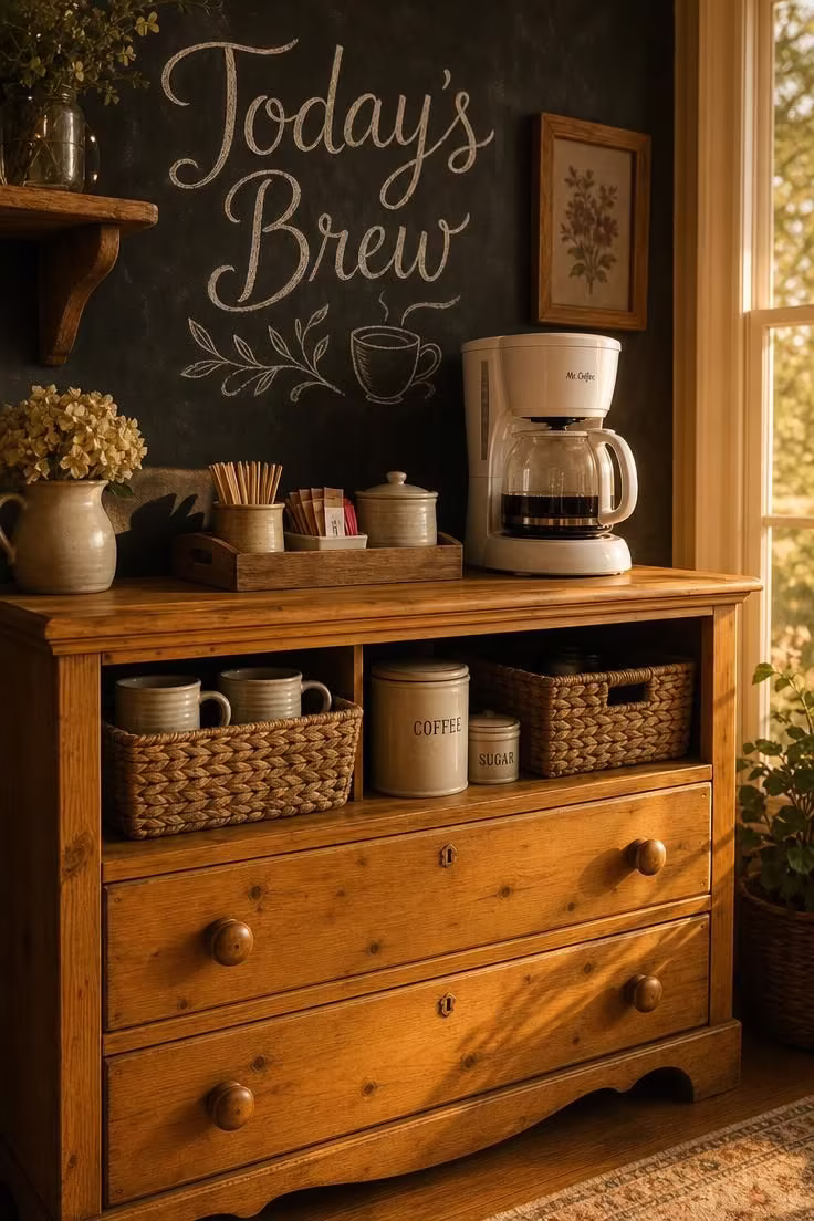 13 Charming Small Coffee Bar Ideas You Can Copy Today 4 Repurposed honey pine dresser coffee bar with chalkboard backsplash and woven baskets in warm golden light