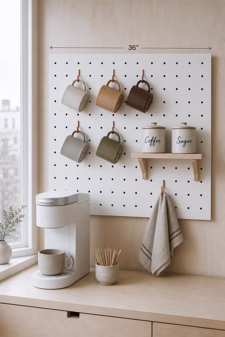 13 Charming Small Coffee Bar Ideas You Can Copy Today 5 White pegboard coffee bar with copper hooks and ceramic canisters in cool morning light