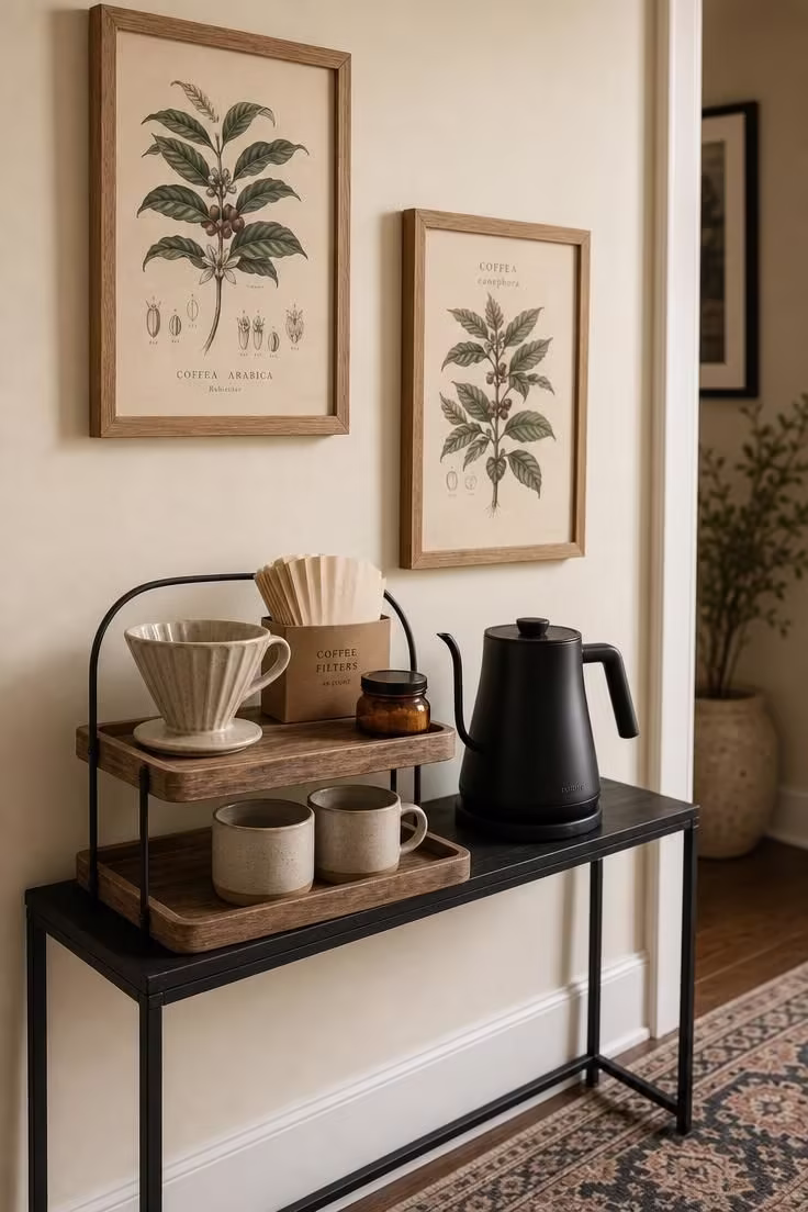 13 Charming Small Coffee Bar Ideas You Can Copy Today 6 Narrow black iron console table coffee station with tiered wooden tray and botanical prints in soft diffused light