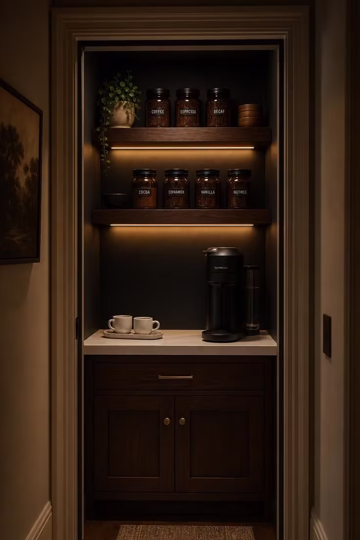 13 Charming Small Coffee Bar Ideas You Can Copy Today 7 Pantry closet coffee nook with LED strip lighting and charcoal walls in moody low light