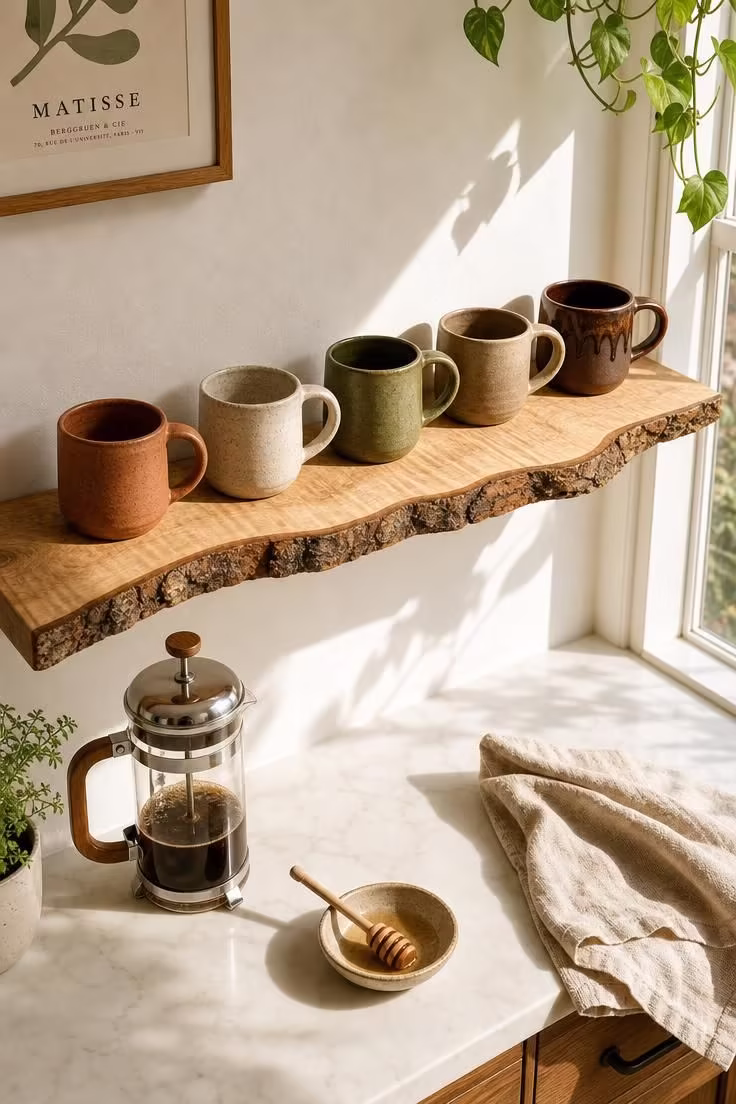 13 Charming Small Coffee Bar Ideas You Can Copy Today 8 Live-edge maple shelf with hand-thrown stoneware mugs in earth tones under bright midday light