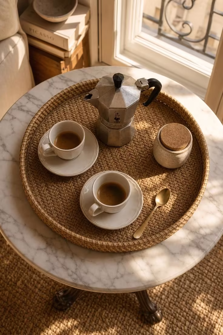 13 Charming Small Coffee Bar Ideas You Can Copy Today 9 Rattan tray coffee station on a marble-topped side table with Moka pot in warm golden light