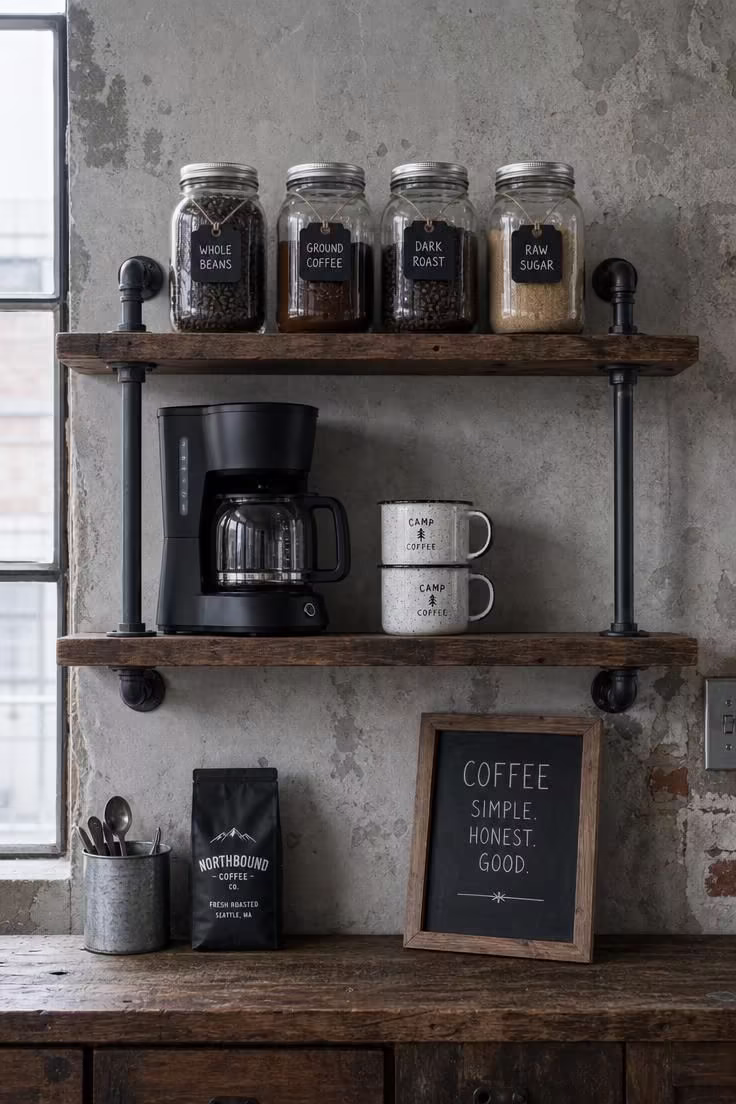 13 Charming Small Coffee Bar Ideas You Can Copy Today 10 Black steel pipe shelving with mason jar coffee storage and reclaimed wood in cool even light