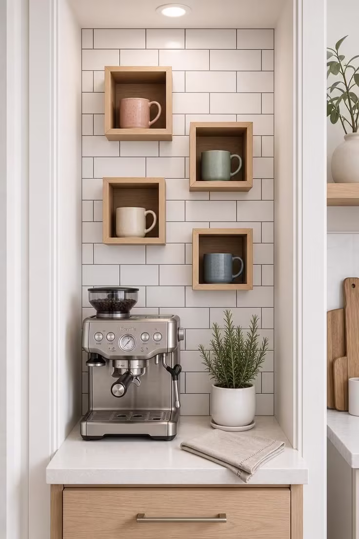 13 Charming Small Coffee Bar Ideas You Can Copy Today 11 White subway tile coffee niche with recessed ash cubbies holding ceramic mugs in soft diffused light