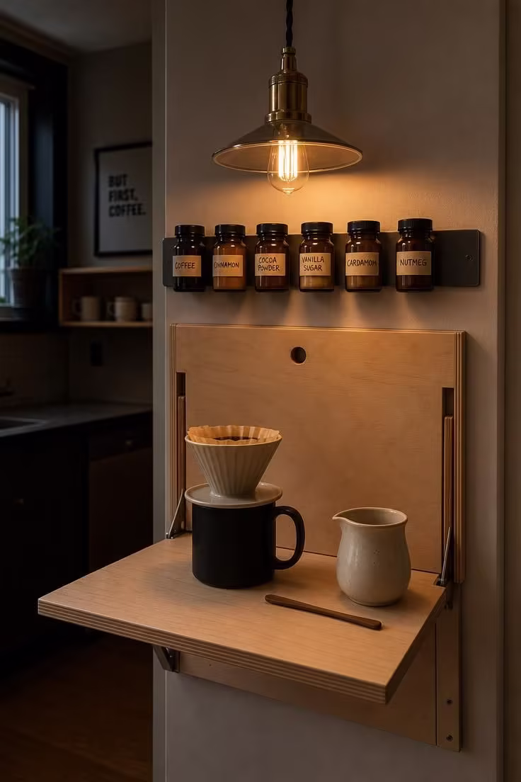 13 Charming Small Coffee Bar Ideas You Can Copy Today 12 Fold-down birch wall table coffee bar with magnetic spice jar rack and pendant light in moody low light