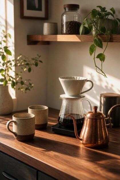 13 Charming Small Coffee Bar Ideas You Can Copy Today Small coffee bar with walnut counter, copper kettle, ceramic pour-over dripper, and stoneware mugs in warm golden morning light